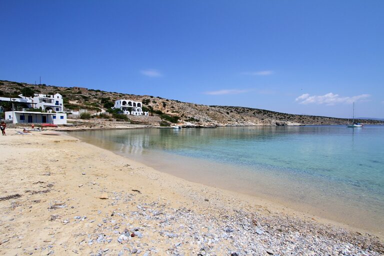 Agios Georgios: It is located next to the port of Agios Georgios and is the easiest accessible beach on the island. It is sandy, with crystal clear waters and the trees offer natural shade to bathers.
