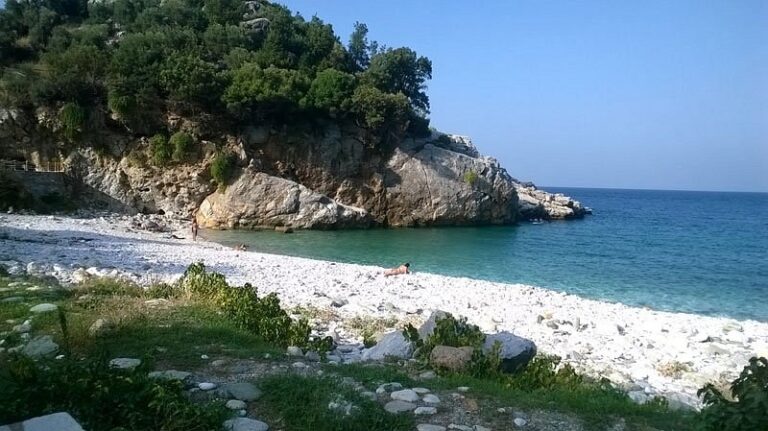 Damouhari Beach: beach with turquoise waters and its coastline surrounded by white and pink pebbles.